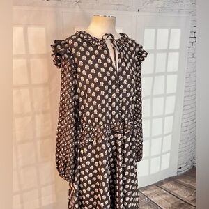 H & M Women's Size 4 Ruffled Vintage Style Midi Dress Key Hole Neck Brown